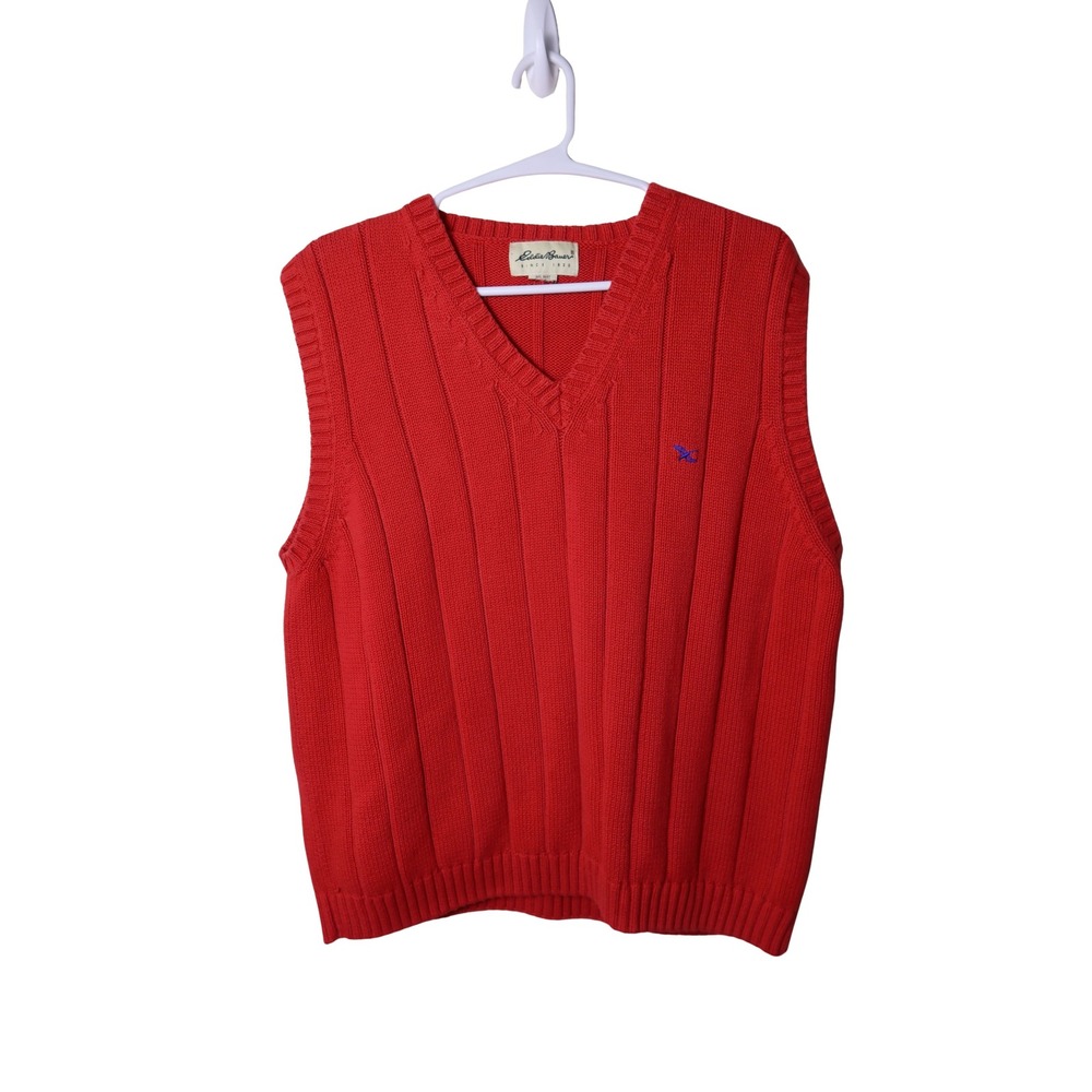 Eddie Bauer Mens XL Red Ribbed Cotton V-Neck Sweater Vest Embroidered Logo